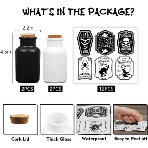 4 Potion Bottles & 12PCS Label Stickers for Halloween Decor w/ Halloween Sticker - Picture 3 of 6